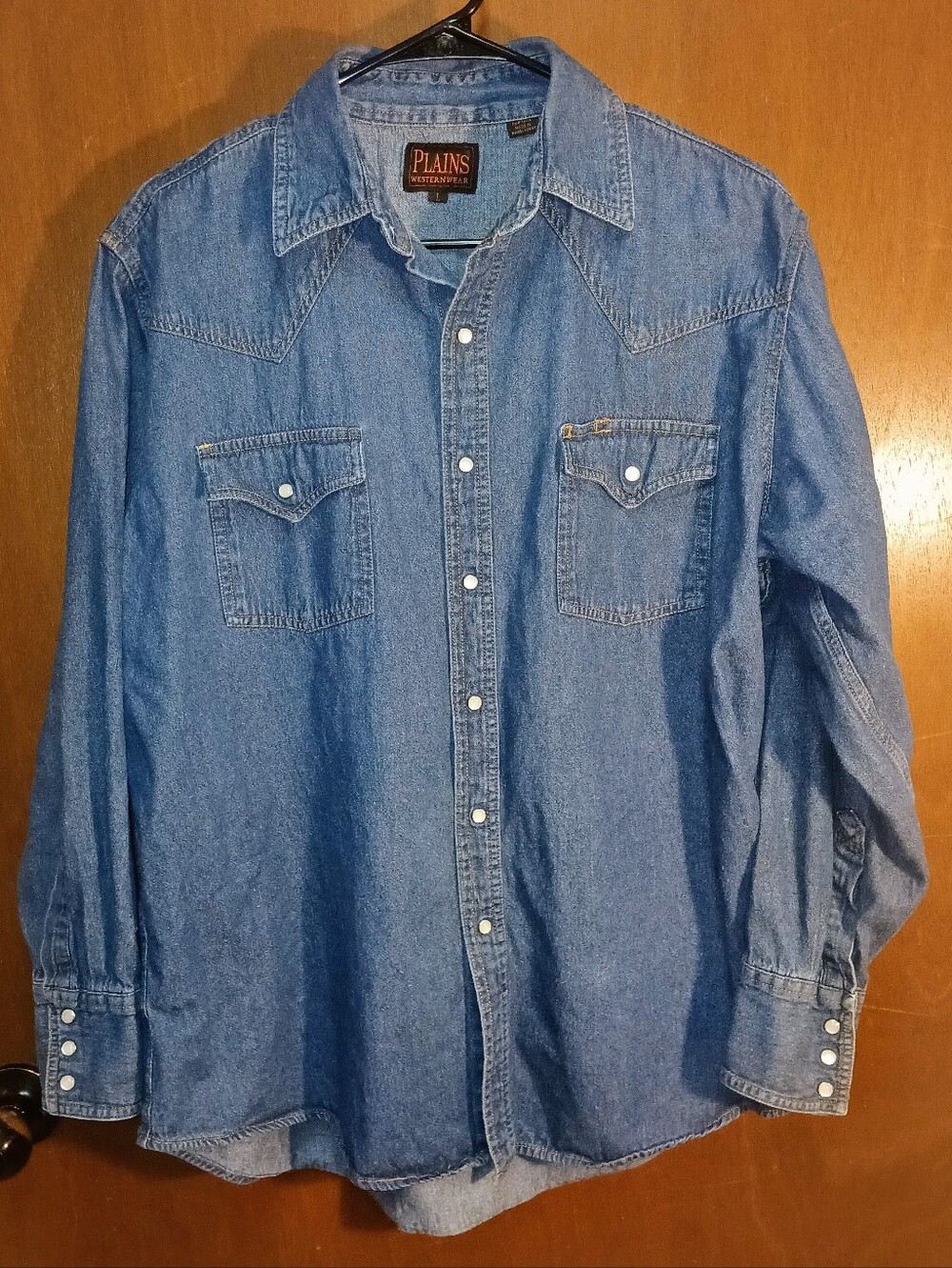 Plains Western Wear Denim Pearl Snap Shirt  Large ~ Vintage